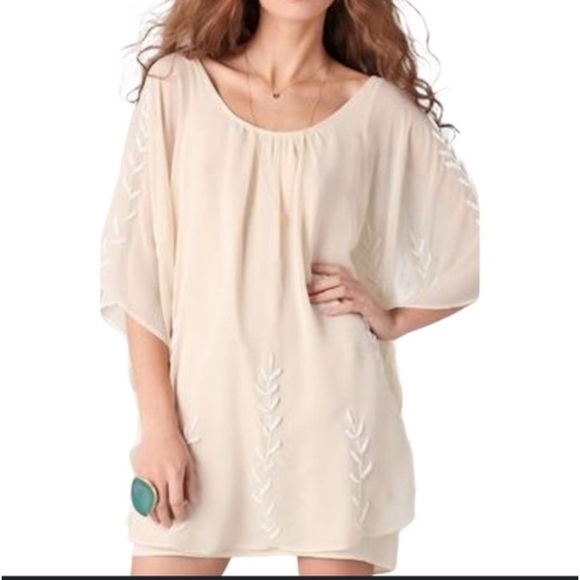 Free People Beaded Pointed Cape Drape Mini Dress Chiffon Sheer Cream Small - Picture 3 of 14